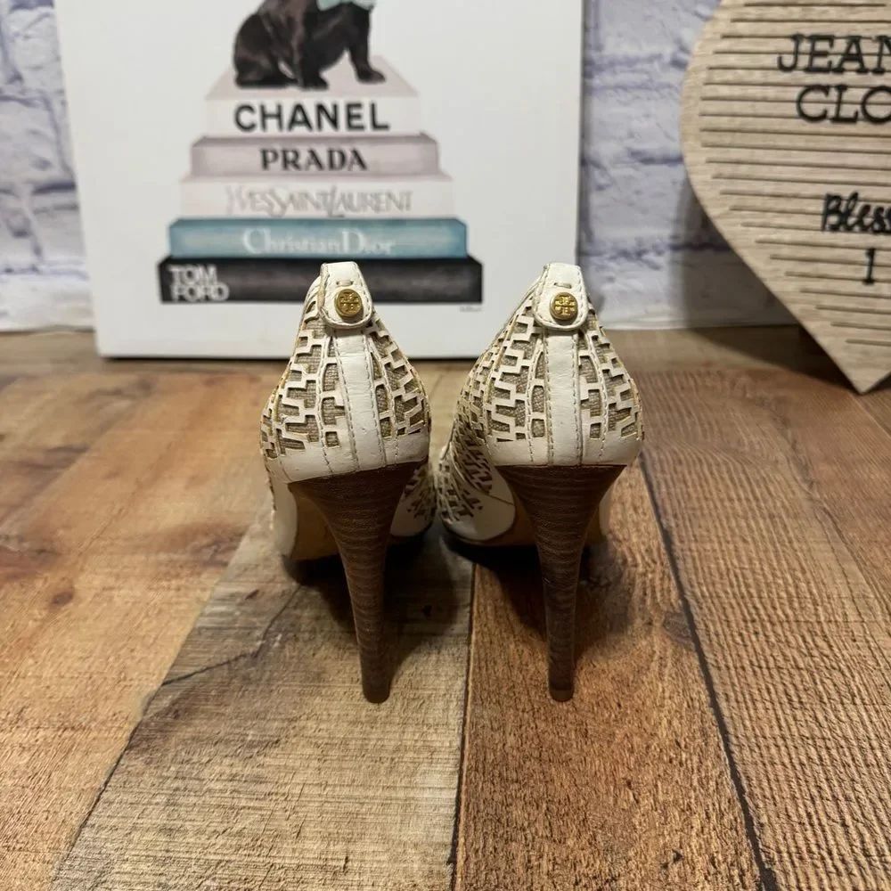 TORY BURCH Regan Leather/ Linen Peep-Toe Cut-out High Heel Pumps 8.5M - Picture 5 of 11